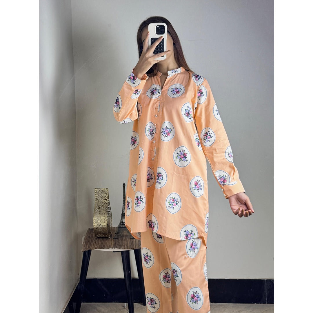 Peach Floral Stylish Printed 2-Piece Women’s Co-Ord Set (Shirt & Trouser)