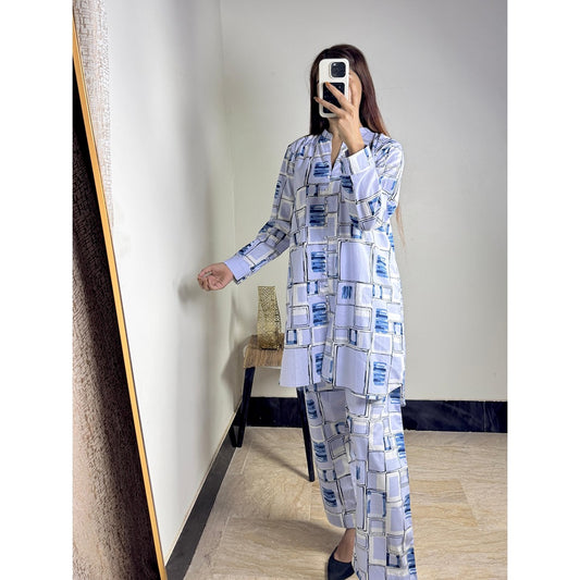 Sky Blue Stylish Printed 2-Piece Women’s Co-Ord Set (Shirt & Trouser)