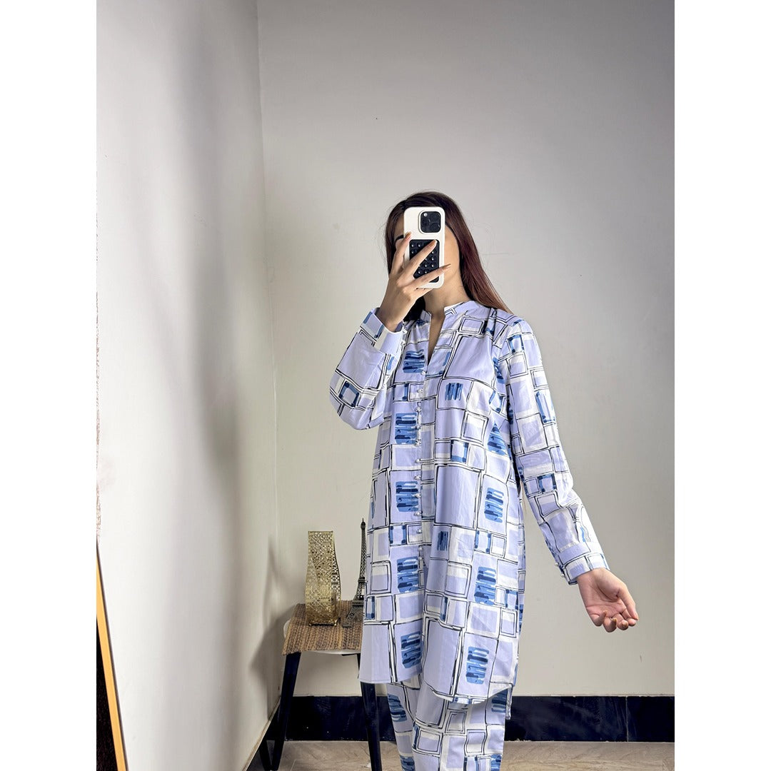 Sky Blue Stylish Printed 2-Piece Women’s Co-Ord Set (Shirt & Trouser)