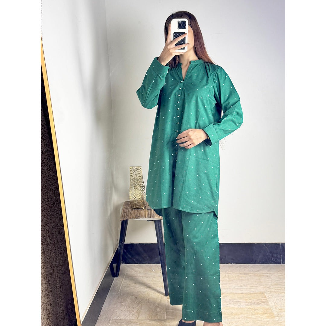 Green Polka Dot Stylish Printed 2-Piece Women’s Co-Ord Set (Shirt & Trouser)