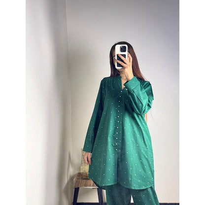 Green Polka Dot Stylish Printed 2-Piece Women’s Co-Ord Set (Shirt & Trouser)