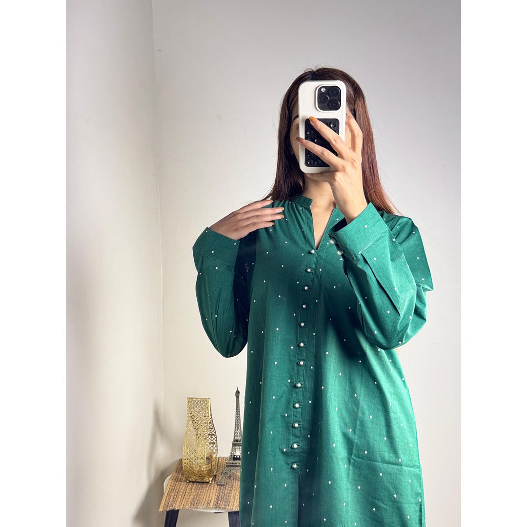 Green Polka Dot Stylish Printed 2-Piece Women’s Co-Ord Set (Shirt & Trouser)
