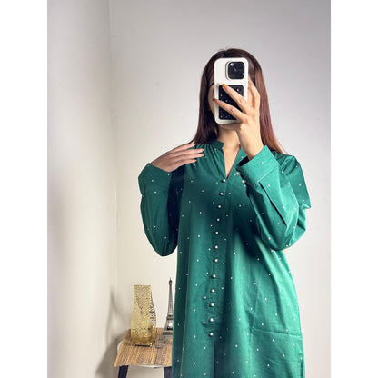 Green Polka Dot Stylish Printed 2-Piece Women’s Co-Ord Set (Shirt & Trouser)