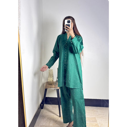 Green Polka Dot Stylish Printed 2-Piece Women’s Co-Ord Set (Shirt & Trouser)