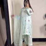 Sky Blue Embroidered 3-Piece Stitched Cotton Suit with Chiffon Dupatta