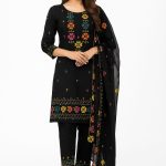 3-Piece Black Cotton Lawn Suit with Multicolor Embroidery