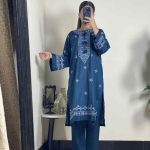Teal Blue 2-Piece Stitched Cotton Suit with White Embroidery