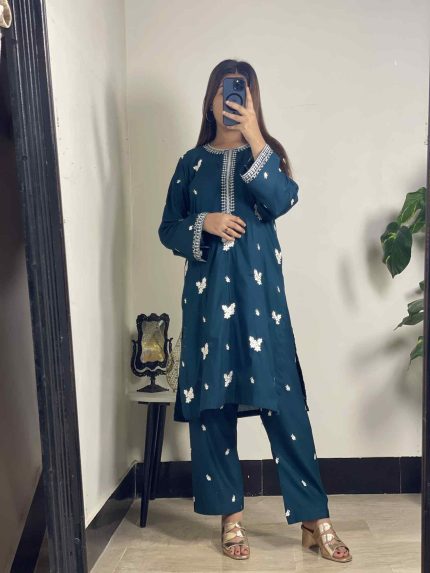 Teal green 2-piece stitched cotton suit