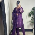 Purple 3-Piece Stitched Cotton Suit with Chiffon Embroidered Dupatta