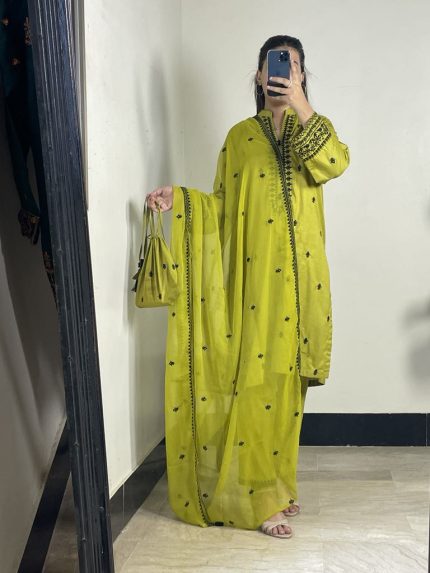 Dhani green 3-piece embroidered cotton suit