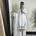 White & Blue Embroidered 3-Piece Stitched Cotton Suit