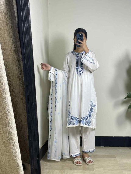 White & Blue Embroidered 3-Piece Stitched Cotton Suit
