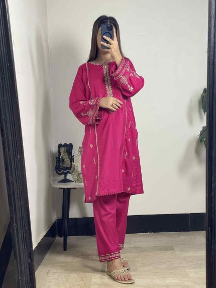 Ready to wear 2-piece dark pink cotton suit