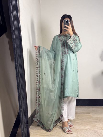 Mint green 3-piece embroidered cotton suit