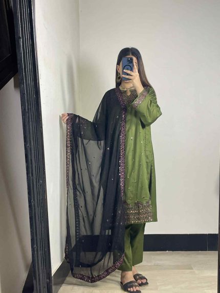 3-Piece Green Embroidered Cotton Suit