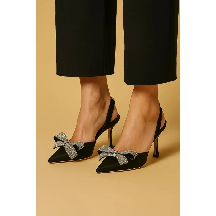 JIMMY CHOO BLACK SATIN SLINGBACK HEELS WITH CRYSTAL BOW