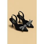 JIMMY CHOO BLACK SATIN SLINGBACK HEELS WITH CRYSTAL BOW