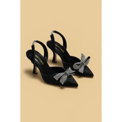 JIMMY CHOO BLACK SATIN SLINGBACK HEELS WITH CRYSTAL BOW