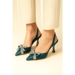 JIMMY CHOO GREEN SATIN SLINGBACK HEELS WITH CRYSTAL BOW