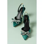 JIMMY CHOO GREEN SATIN SLINGBACK HEELS WITH CRYSTAL BOW