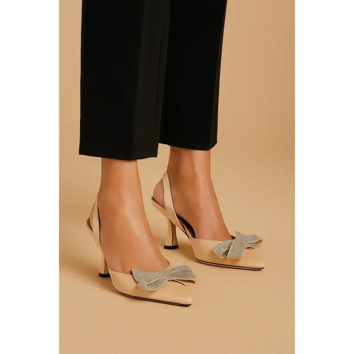 JIMMY CHOO NUDE SATIN SLINGBACK HEELS WITH CRYSTAL BOW