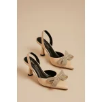 JIMMY CHOO NUDE SATIN SLINGBACK HEELS WITH CRYSTAL BOW