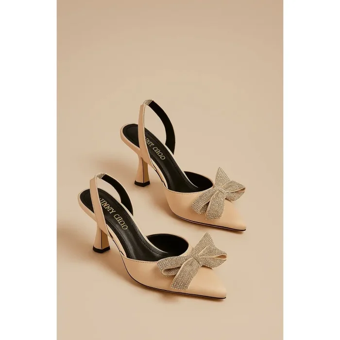 JIMMY CHOO NUDE SATIN SLINGBACK HEELS WITH CRYSTAL BOW