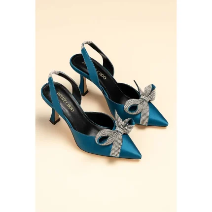 JIMMY CHOO TEAL BLUE SATIN SLINGBACK HEELS WITH CRYSTAL BOW