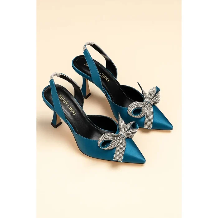 JIMMY CHOO TEAL BLUE SATIN SLINGBACK HEELS WITH CRYSTAL BOW