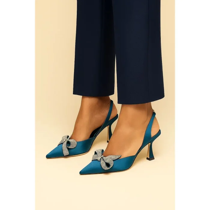 JIMMY CHOO TEAL BLUE SATIN SLINGBACK HEELS WITH CRYSTAL BOW