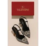 VALENTINO GARAVANI BLACK CRYSTAL-EMBELLISHED VLOGO SLINGBACK HEELS