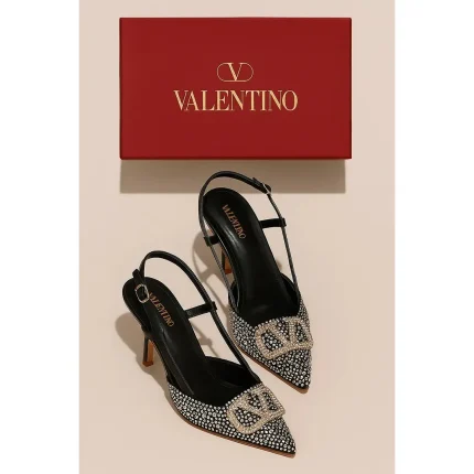 VALENTINO GARAVANI BLACK CRYSTAL-EMBELLISHED VLOGO SLINGBACK HEELS