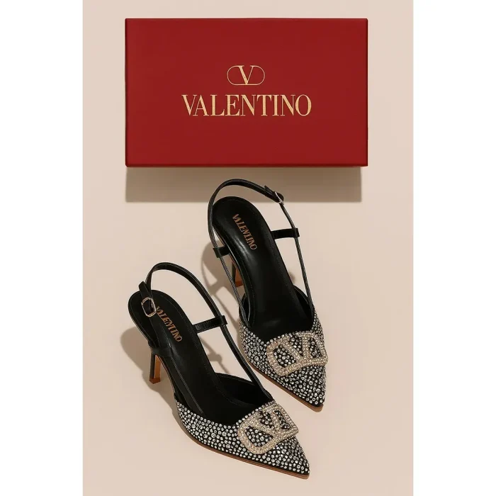 VALENTINO GARAVANI BLACK CRYSTAL-EMBELLISHED VLOGO SLINGBACK HEELS