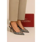 VALENTINO GARAVANI BLACK CRYSTAL-EMBELLISHED VLOGO SLINGBACK HEELS