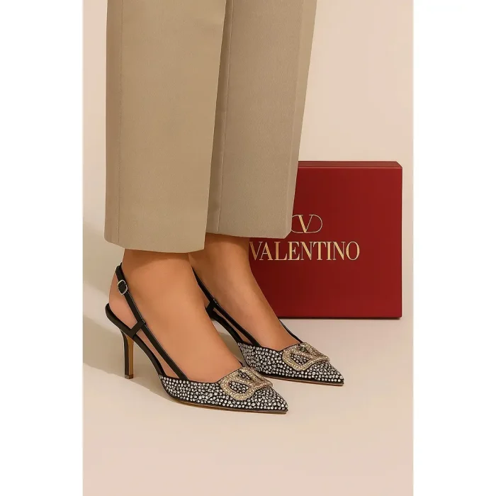 VALENTINO GARAVANI BLACK CRYSTAL-EMBELLISHED VLOGO SLINGBACK HEELS