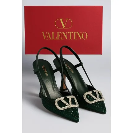 VALENTINO GARAVANI DARK GREEN CRYSTAL-EMBELLISHED VLOGO SLINGBACK HEELS