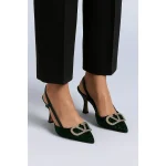 VALENTINO GARAVANI DARK GREEN CRYSTAL-EMBELLISHED VLOGO SLINGBACK HEELS