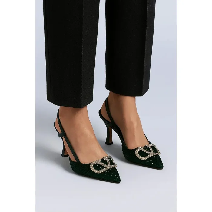 VALENTINO GARAVANI DARK GREEN CRYSTAL-EMBELLISHED VLOGO SLINGBACK HEELS