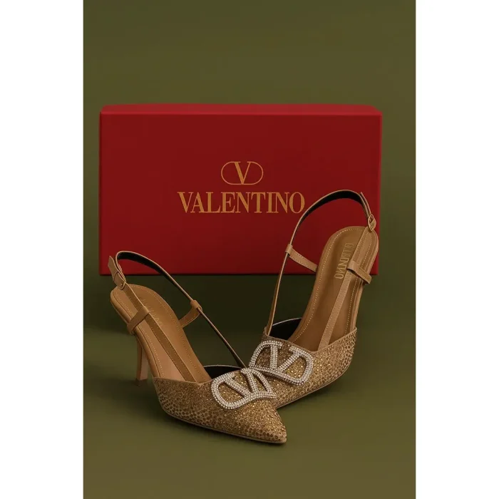 VALENTINO GARAVANI GOLD CRYSTAL-EMBELLISHED VLOGO SLINGBACK HEELS