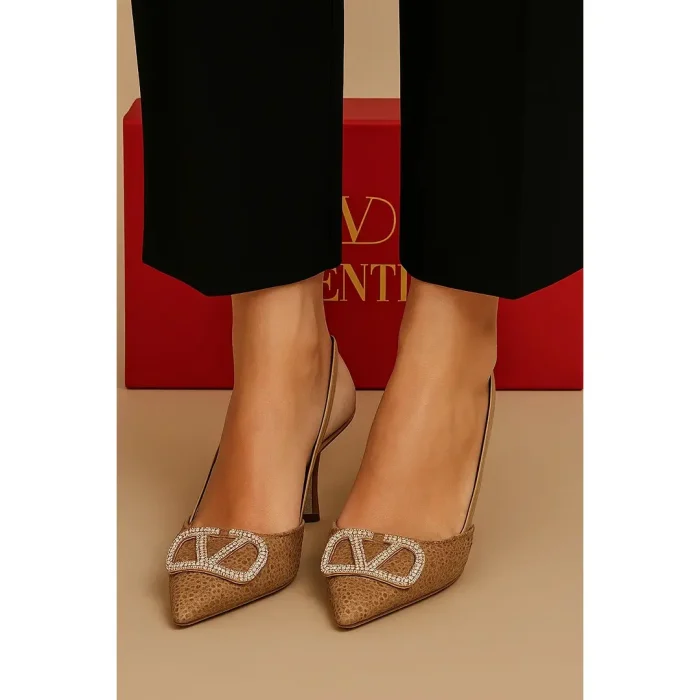 VALENTINO GARAVANI GOLD CRYSTAL-EMBELLISHED VLOGO SLINGBACK HEELS