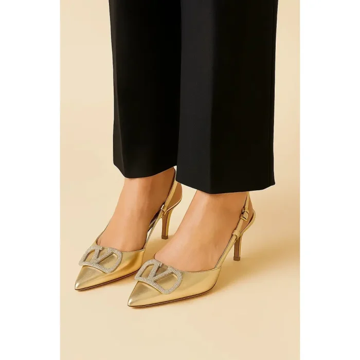 VALENTINO GARAVANI METALLIC GOLD CRYSTAL-EMBELLISHED VLOGO SLINGBACK HEELS