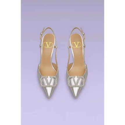 VALENTINO GARAVANI METALLIC SILVER CRYSTAL-EMBELLISHED VLOGO SLINGBACK HEELS