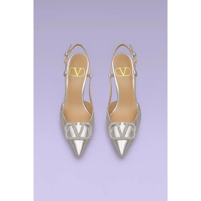 VALENTINO GARAVANI METALLIC SILVER CRYSTAL-EMBELLISHED VLOGO SLINGBACK HEELS
