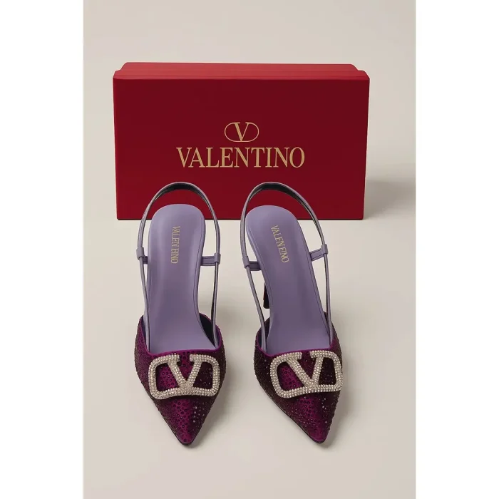 VALENTINO GARAVANI PURPLE CRYSTAL-EMBELLISHED VLOGO SLINGBACK HEELS