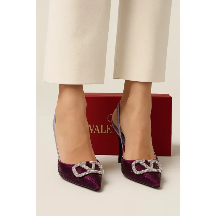 VALENTINO GARAVANI PURPLE CRYSTAL-EMBELLISHED VLOGO SLINGBACK HEELS