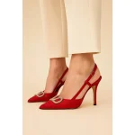 VALENTINO GARAVANI RED CRYSTAL-EMBELLISHED VLOGO SLINGBACK HEELS