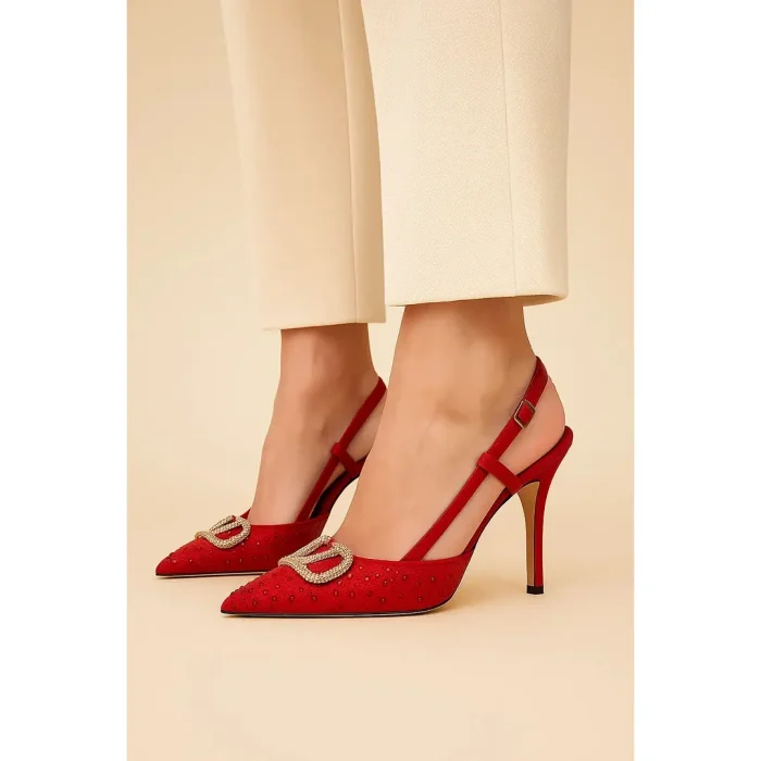 VALENTINO GARAVANI RED CRYSTAL-EMBELLISHED VLOGO SLINGBACK HEELS