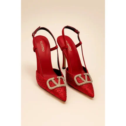 VALENTINO GARAVANI RED CRYSTAL-EMBELLISHED VLOGO SLINGBACK HEELS
