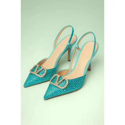 VALENTINO GARAVANI TURQUOISE CRYSTAL-EMBELLISHED VLOGO SLINGBACK HEELS