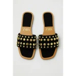 ZARA BLACK STUDDED FLAT SLIDES – GOLD EMBELLISHED